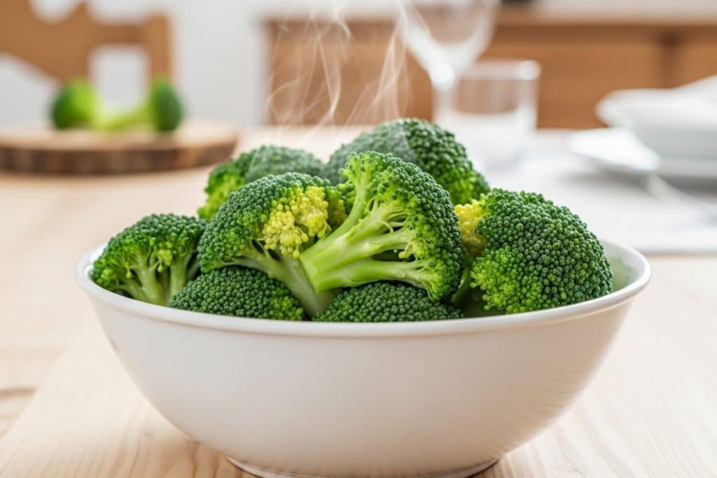 Brocolis blanchis et croquants dans un bol blanc, accompagnement léger pour fondue savoyarde