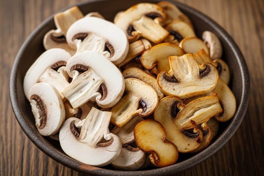 Champignons de Paris émincés, crus et sautés, servis dans un bol rustique pour accompagner la fondue