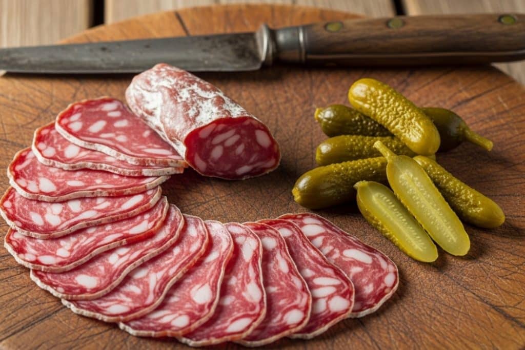 Tranches de saucisson de montagne sec avec cornichons croquants sur planche en bois, style alpin