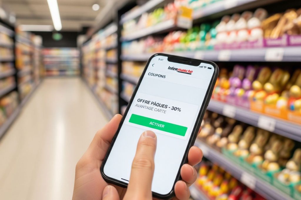 Activation d'un e-coupon de chocolats de Pâques sur l'application Intermarché.