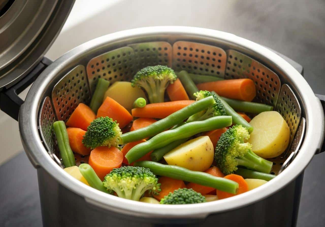 Légumes frais dans panier vapeur cocotte minute
