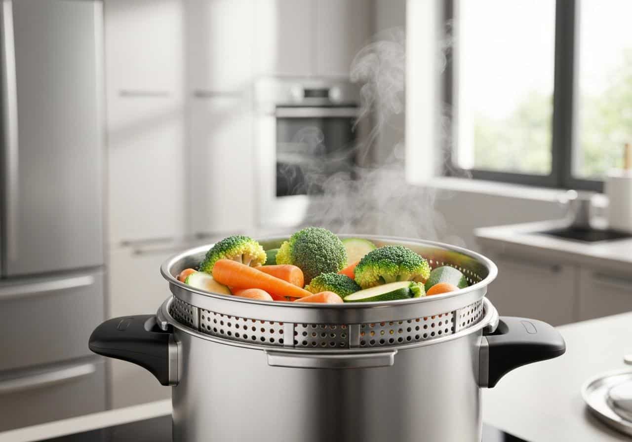 Légumes frais dans panier vapeur cocotte minute