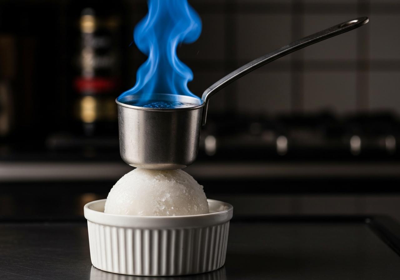 Louche métallique avec alcool flambé dessus glace