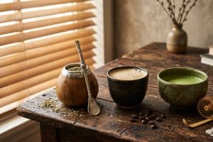 Café matcha et café sur une table
