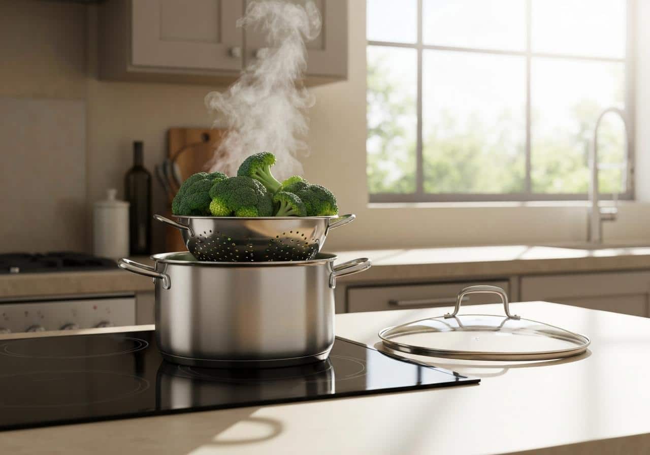 Passoire métallique sur casserole pour cuisson vapeur