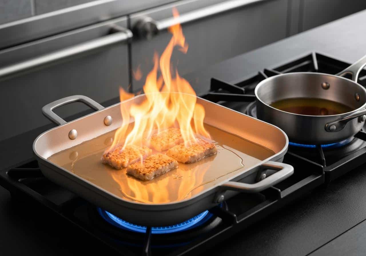 Poêle en fonte sur feu vif avec cognac et viande