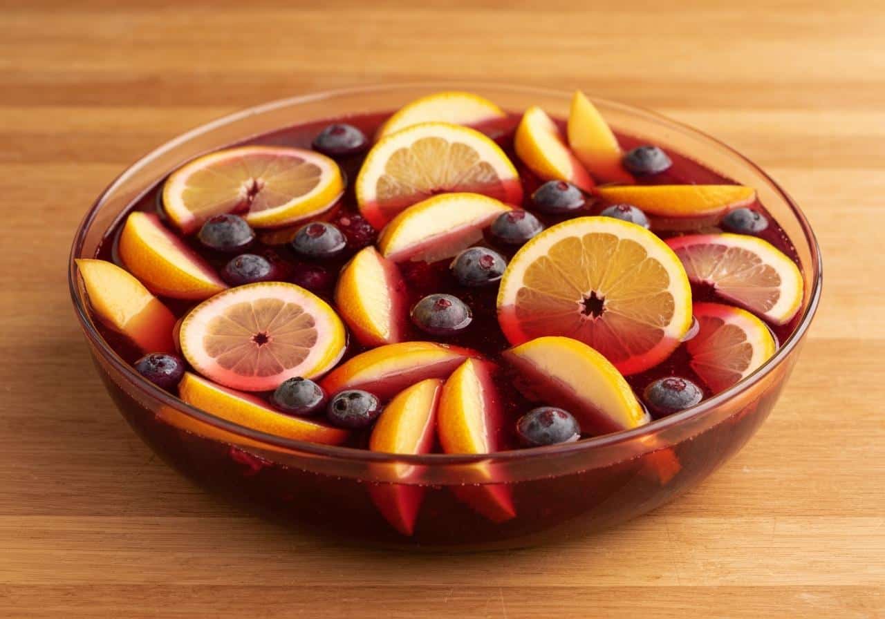 Saladier de sangria rouge avec fruits frais et épices