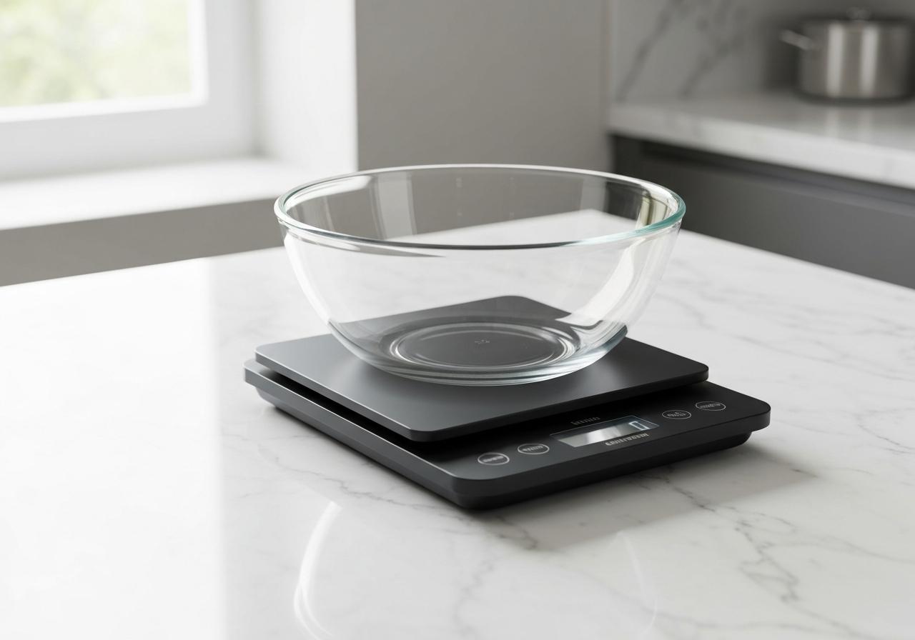 Balance de cuisine avec bol en verre posé dessus