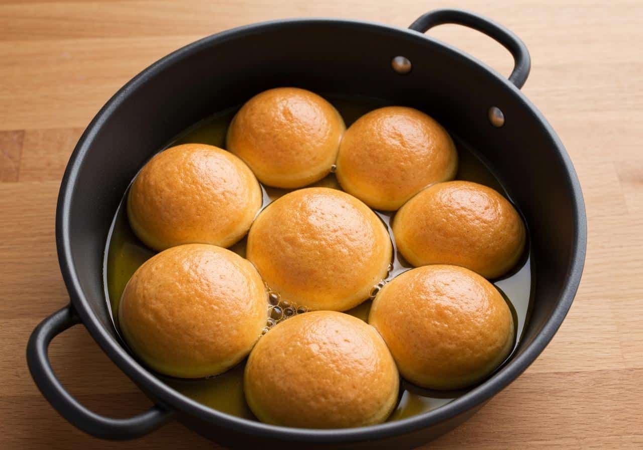 Beignets merveilles dorés flottant dans bain d'huile chaud