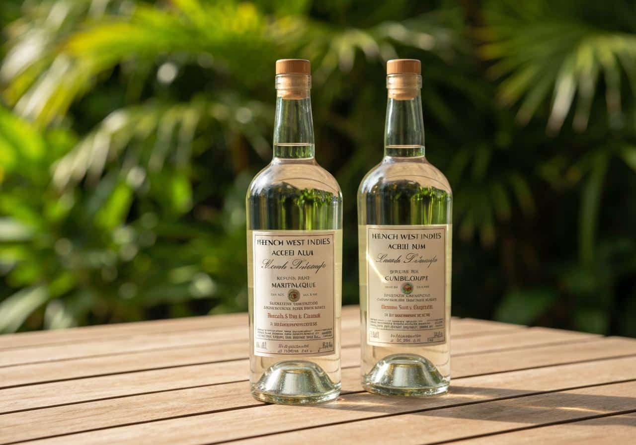 Bouteilles de rhum blanc agricole antillais sur bois
