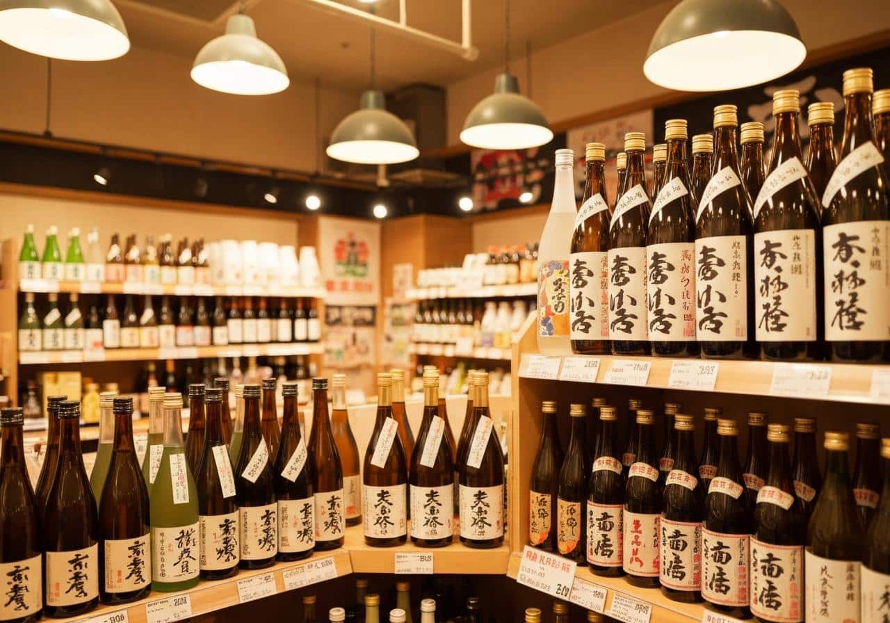 Bouteilles de saké de cuisine alignées sur étagère épicerie asiatique