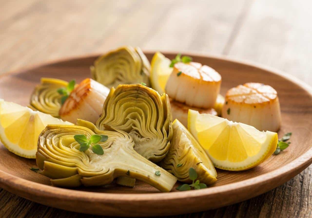 Cœurs d'artichauts braisés avec coquilles Saint-Jacques et citron
