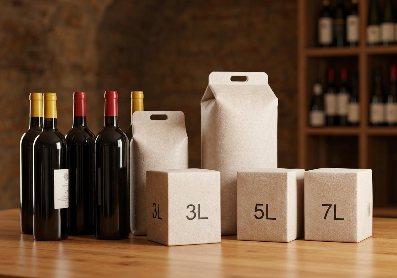 Cubi de vin bag-in-box et bouteilles alignées sur table