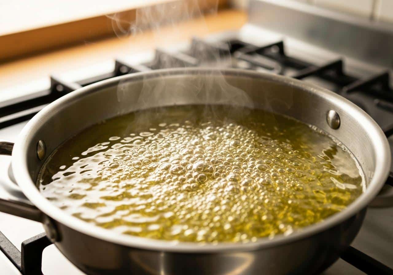 Huile chaude dans casserole avec bulles de friture