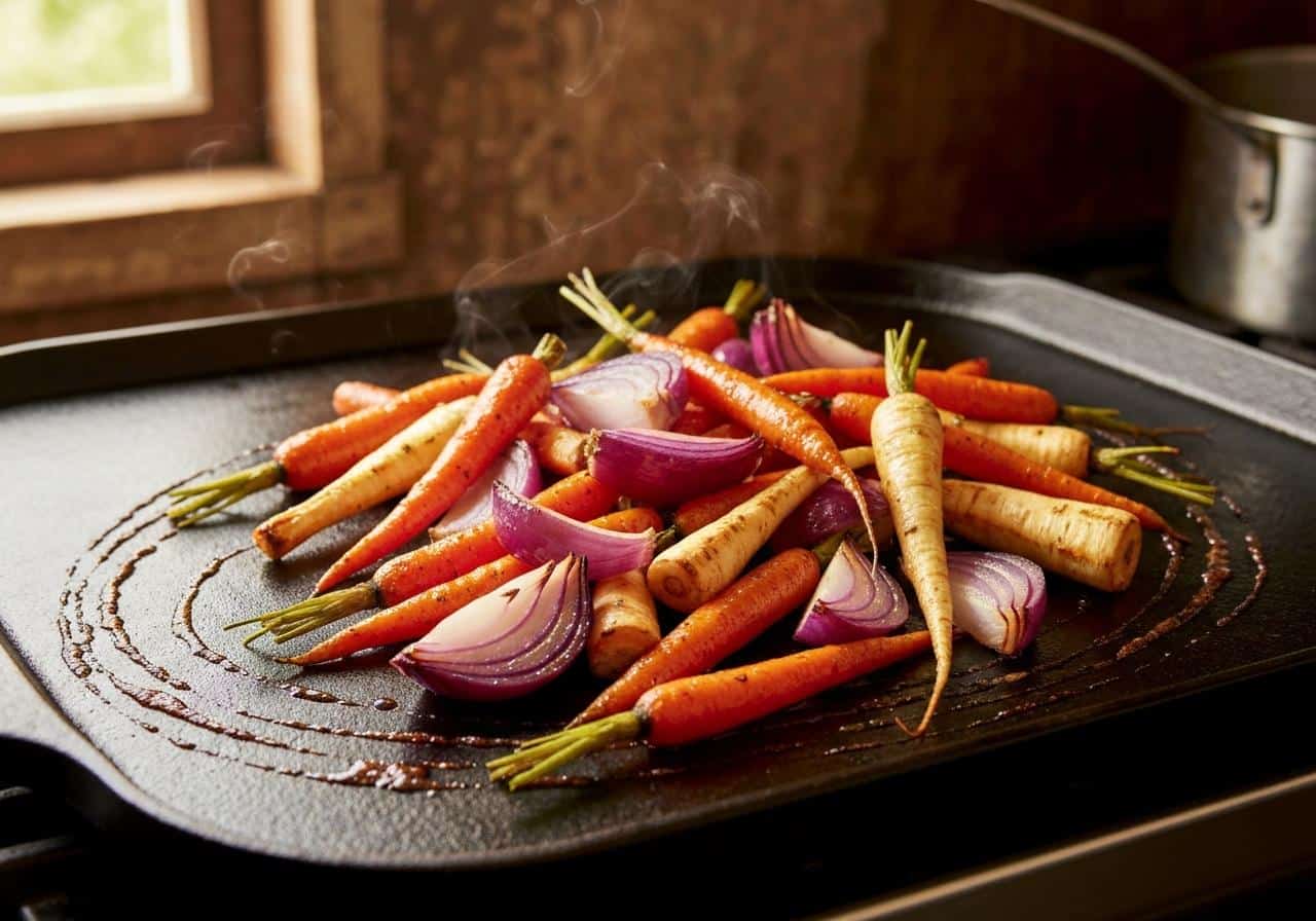 Légumes racines caramélisés au four autour d'un rôti