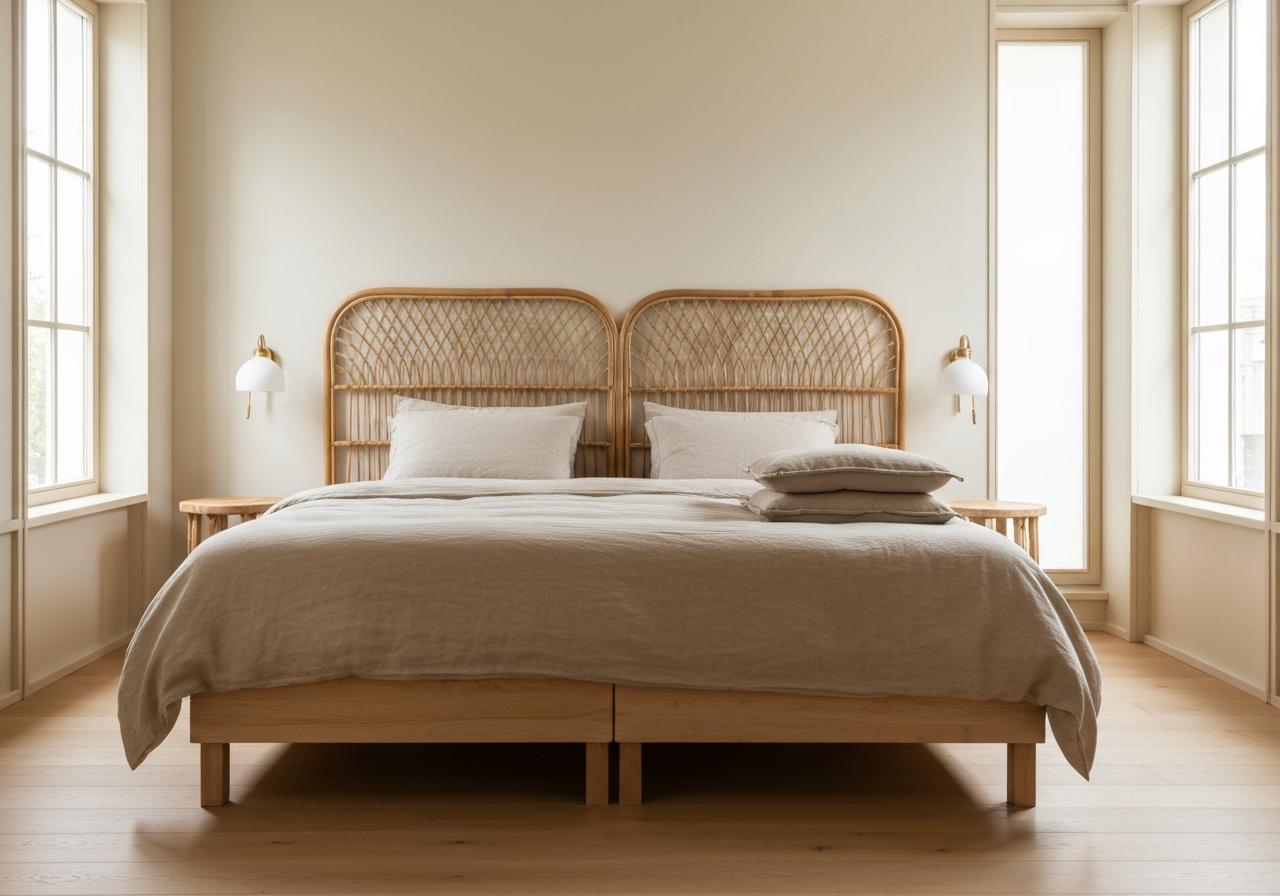 Lit en bois clair avec tête de lit rotin chambre cosy