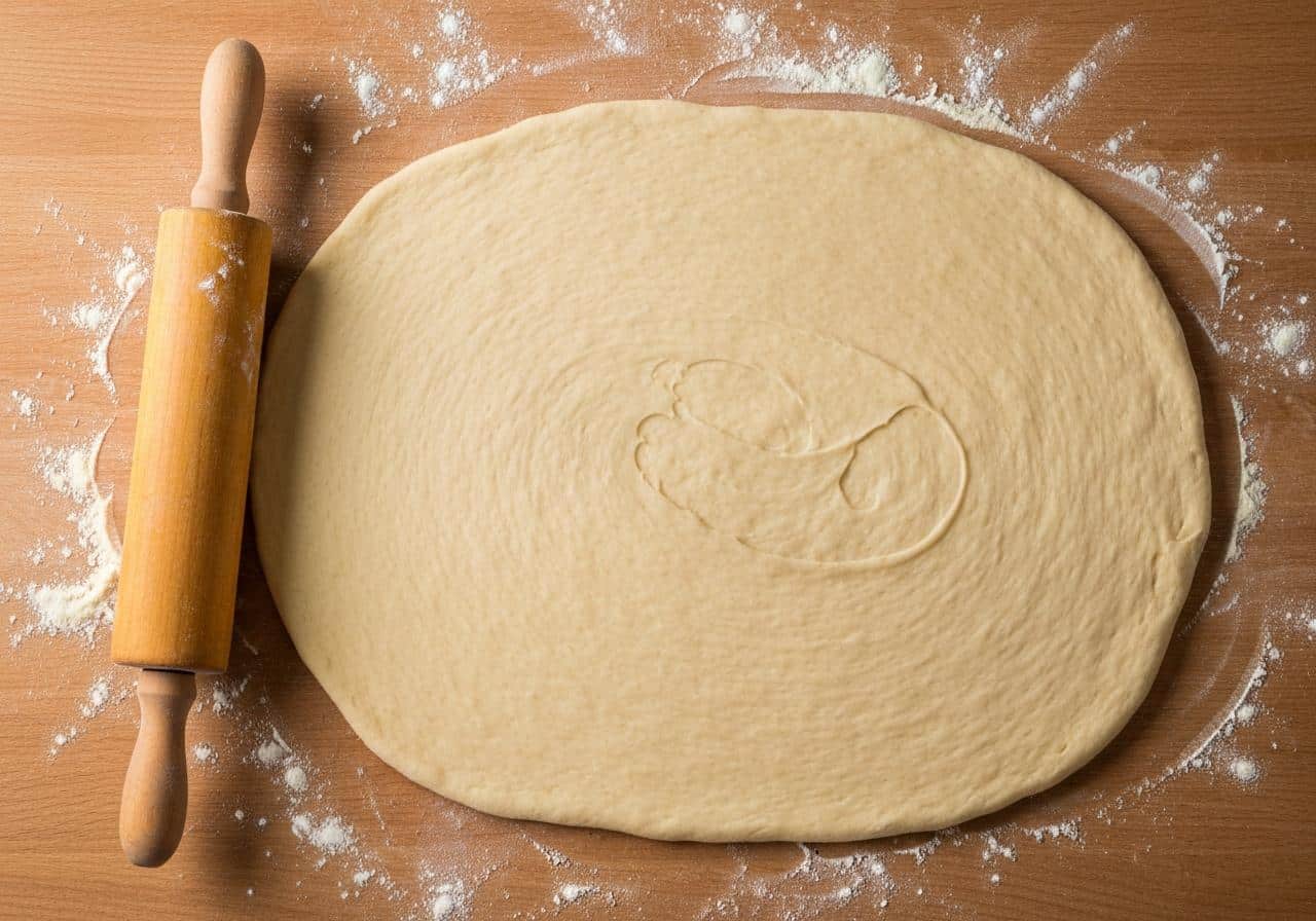 Pâte à beignets dorée étalée sur plan de travail fariné