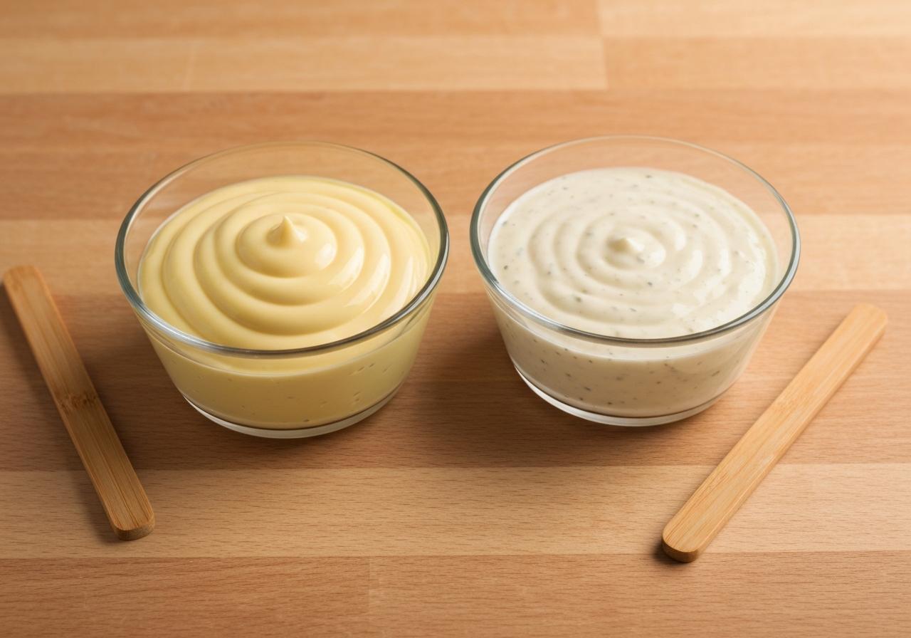 Pot de mayonnaise et flacon de sauce à salade côte à côte