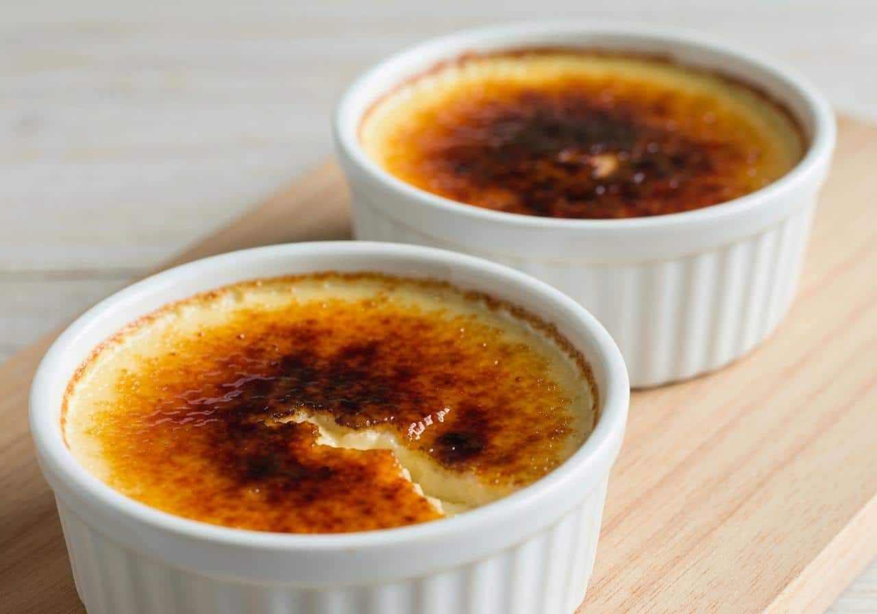 Ramequins de crème brûlée caramélisée sur surface en bois