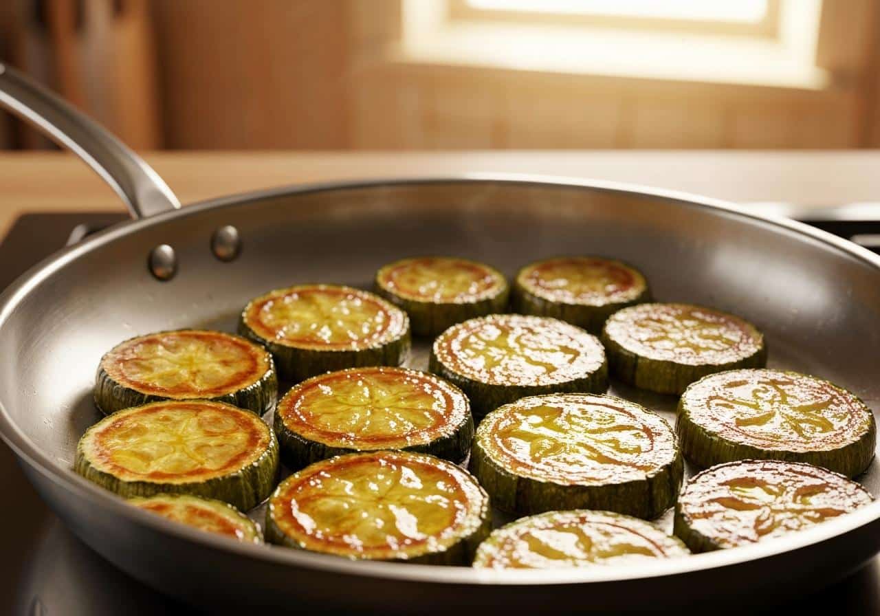 Rondelles de courgettes dorées dans une poêle en inox
