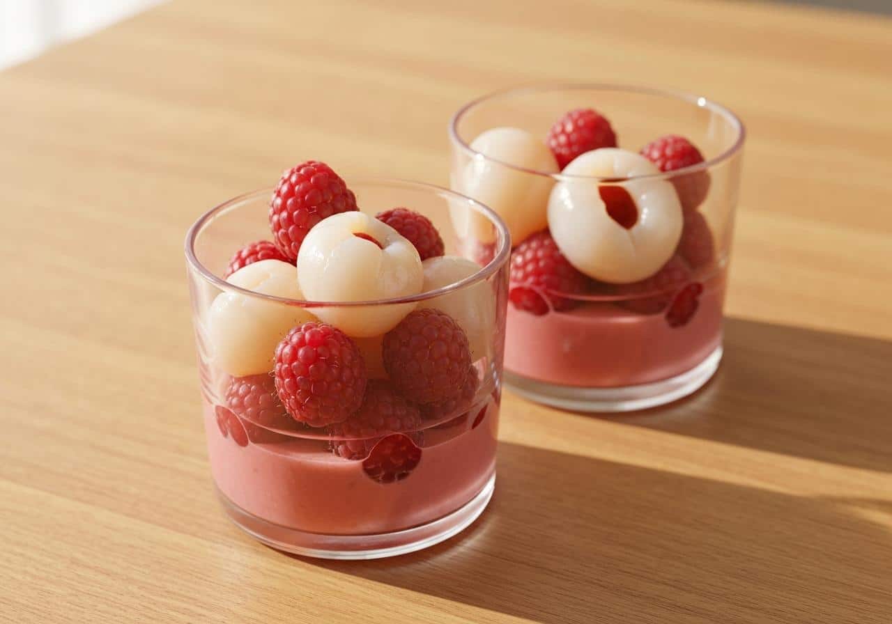 Verrine litchi framboise coulis rose sur table