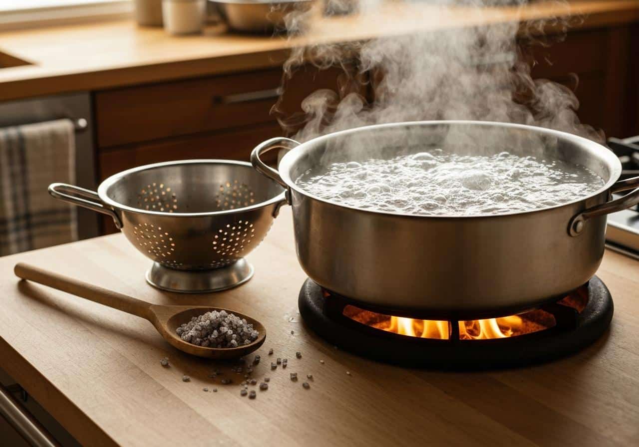 Casserole eau bouillante passoire cuisine