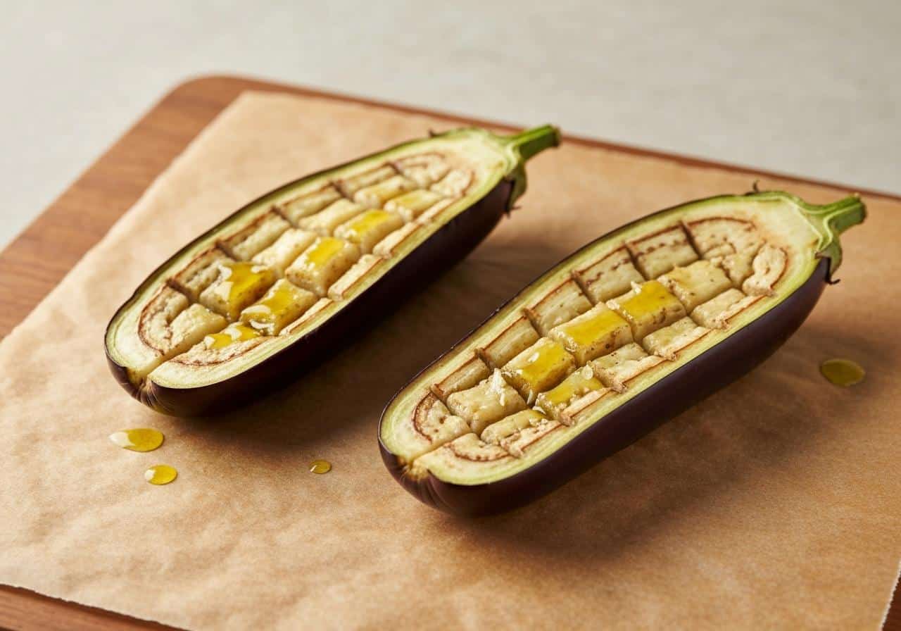 Demi-aubergines quadrillées sur plaque four avec huile olive