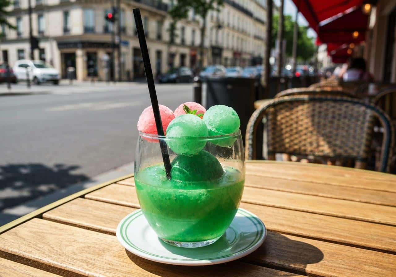 Diabolo menthe dans grand verre avec glaçons et paille sur terrasse