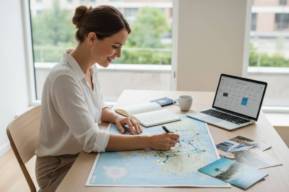 Femme trace un ititnéraire pour un voyage