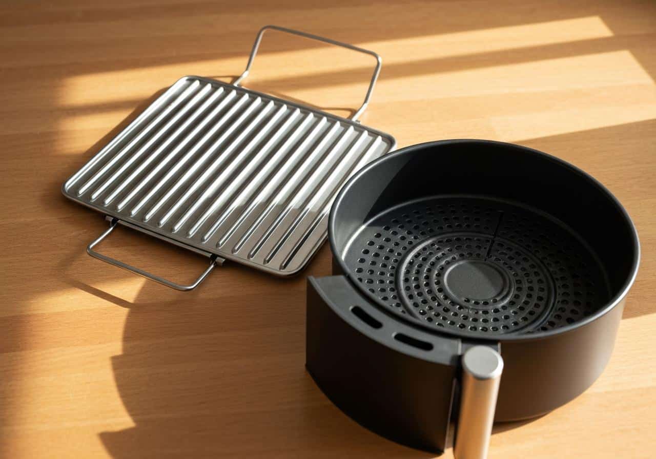 Grille air fryer Moulinex et panier amovible sur plan de travail