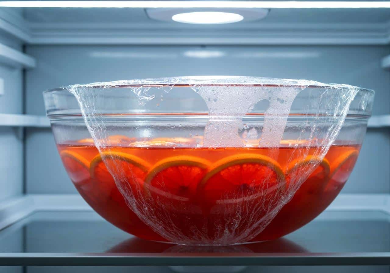Saladier de punch recouvert de film plastique au réfrigérateur