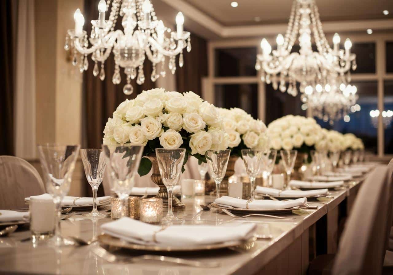 Table décorée soirée Great Gatsby dorée et guirlandes lumineuses