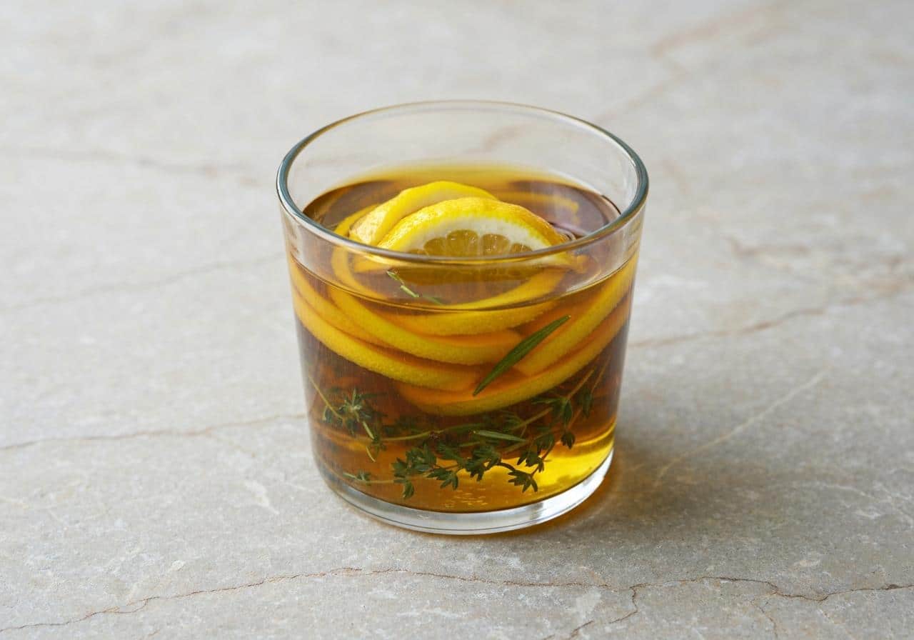 Bocal d'huile d'olive avec zestes de citron et herbes aromatiques