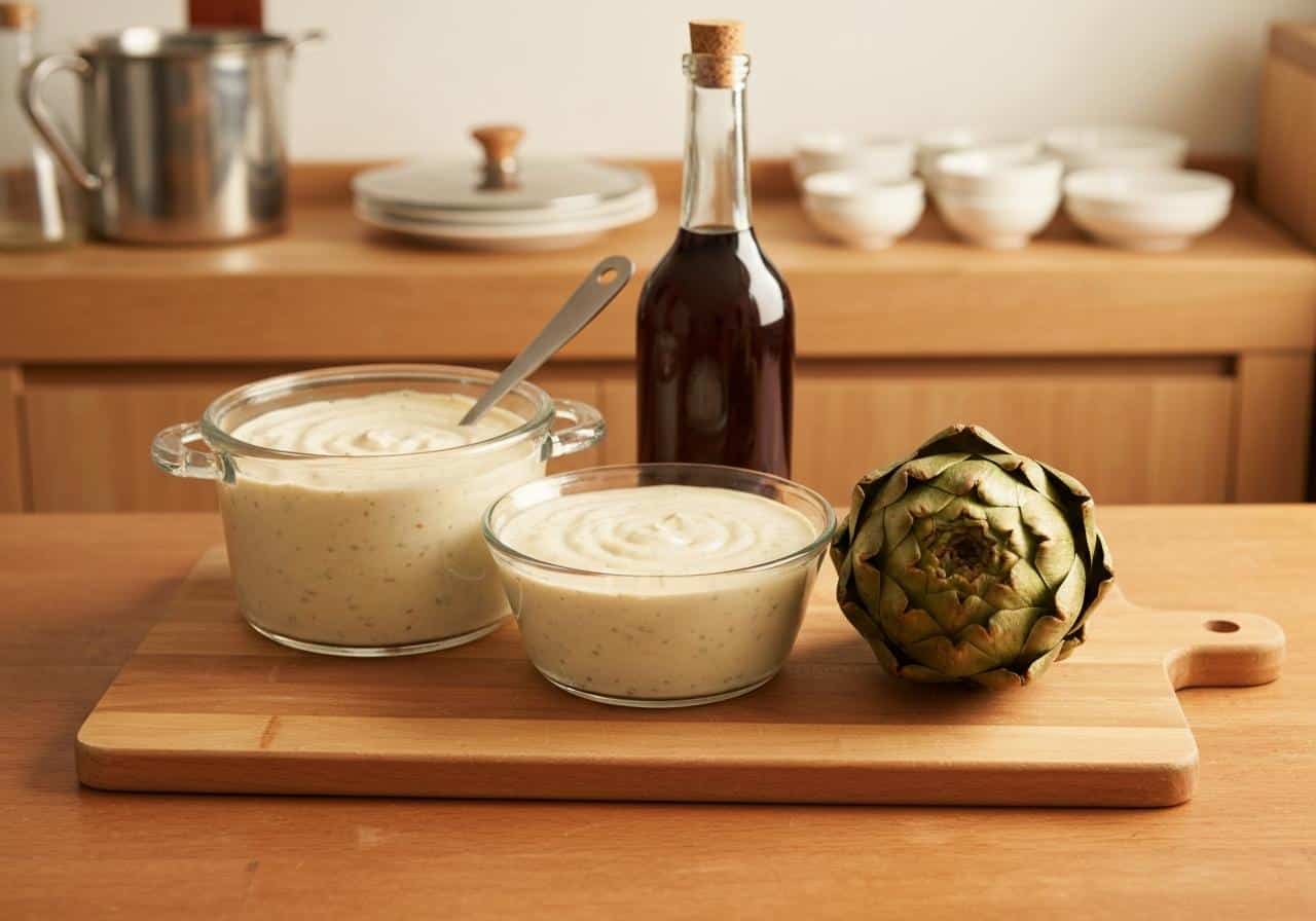 Bol de sauce crème fraîche vinaigre pour artichaut