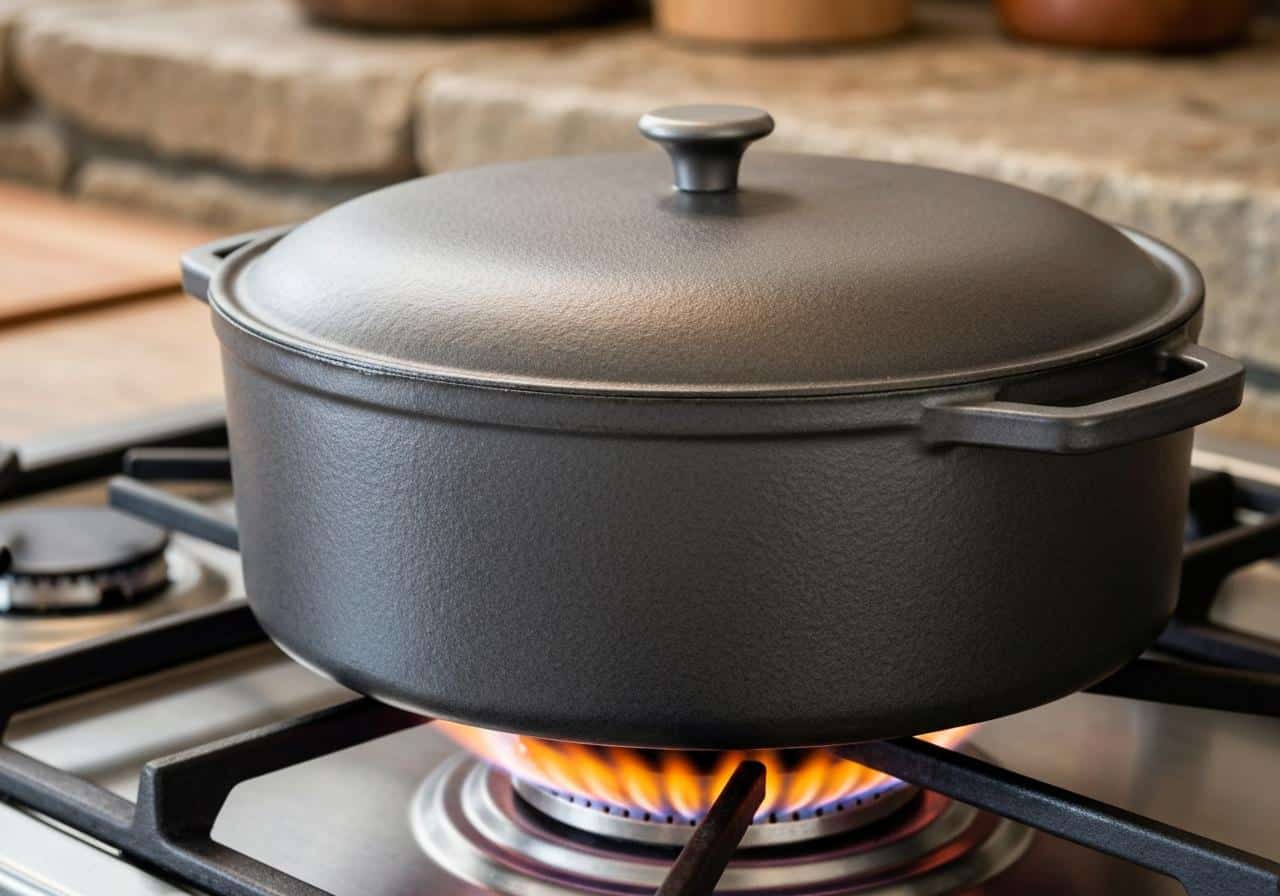 Cocotte en fonte brute posée sur feu de cuisine
