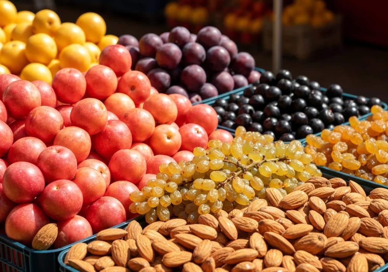 Corbeille de fruits d'été variés sur marché provençal