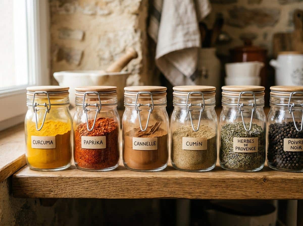 Bocaux d'épices colorées alignés sur une étagère en bois