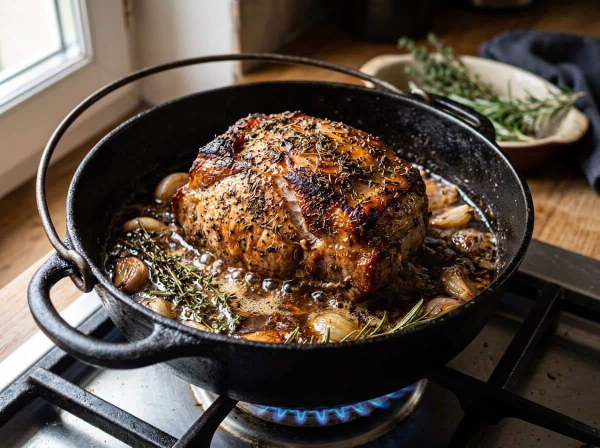 Rôti de porc saisi en cocotte fonte dorée