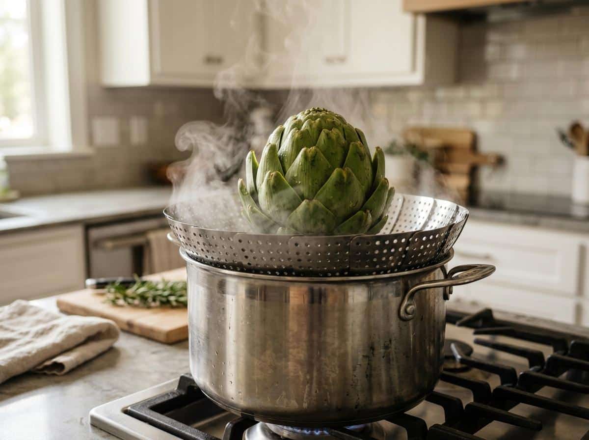 Panier vapeur en inox sur casserole avec artichaut