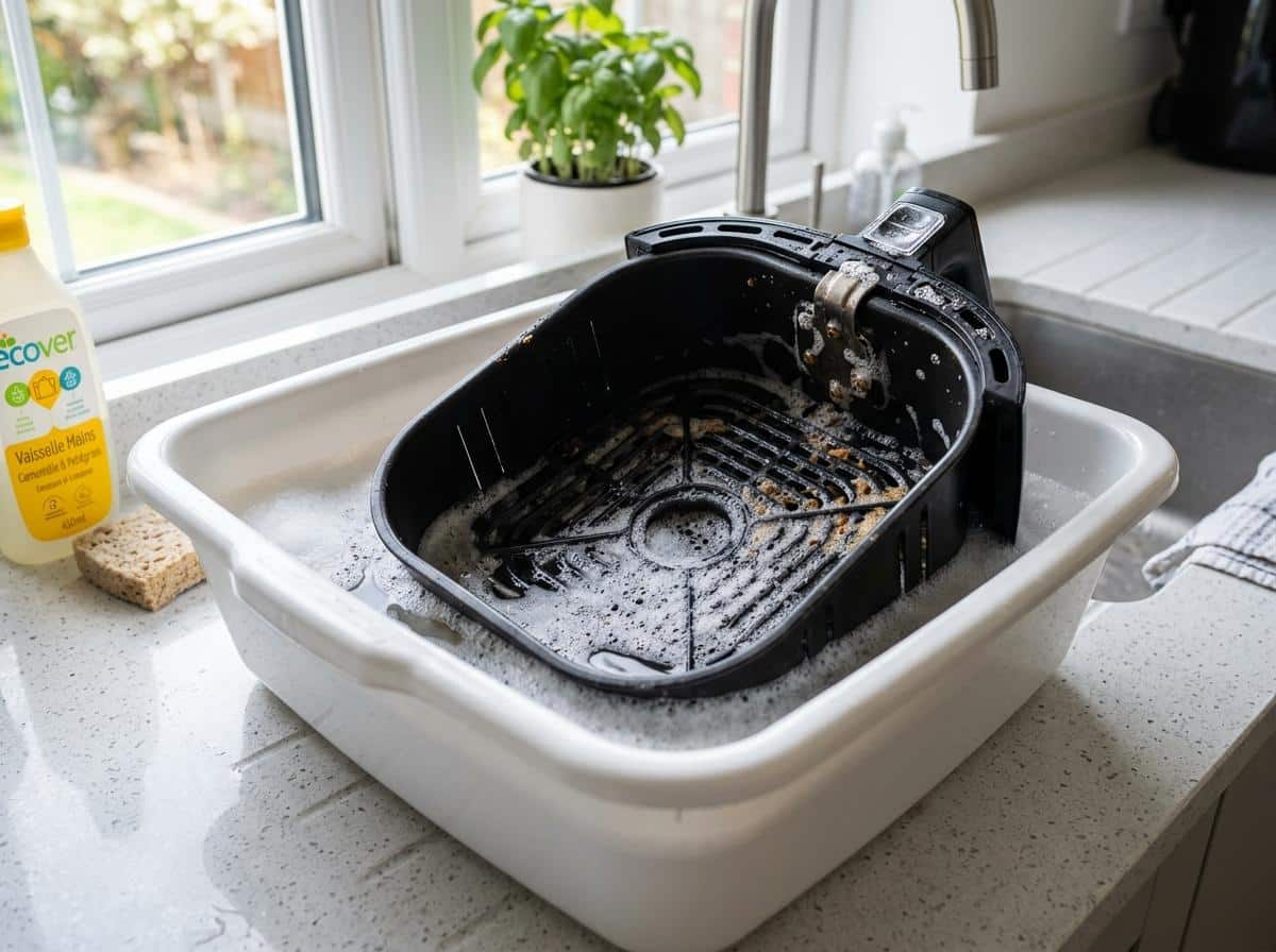 Panier et grille d'air fryer dans bassine eau savonneuse