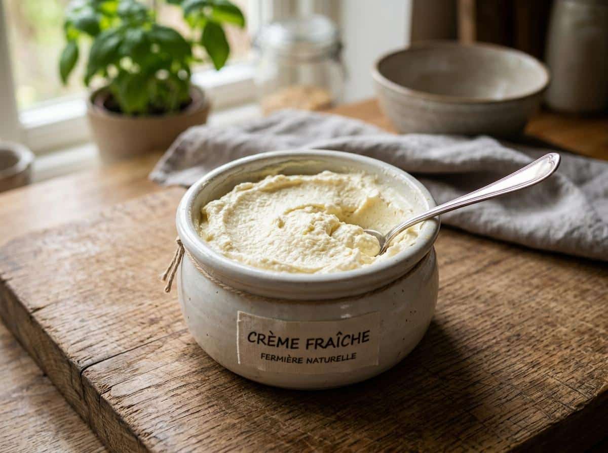 Pot de crème fraîche ouvert texture grumeleuse gros plan