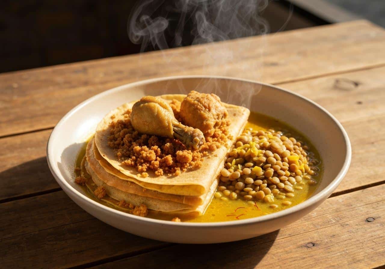 Rfissa casablancaise, poulet, lentilles, msemmens, bouillon épicé