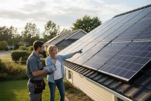 Femme avec un professionnel pose panneaux solaire