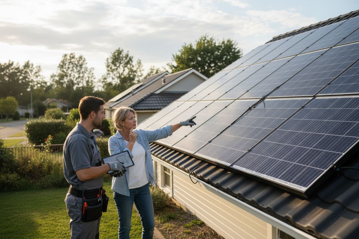 Femme avec un professionnel pose panneaux solaire