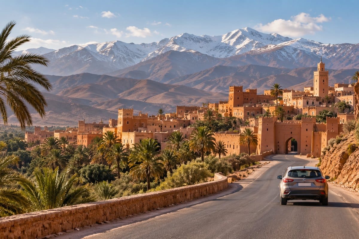 Voiture, kasbah et montagnes enneigées