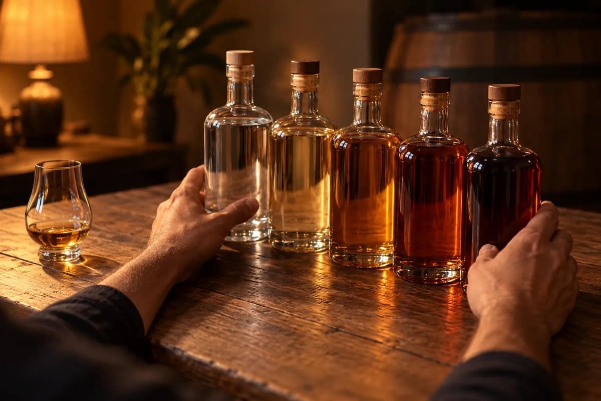 Bouteilles de spiritueux alignées sur table