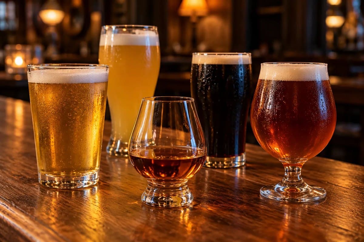 Différents verres de dégustation et de bière artisanale sur un comptoir en bois.