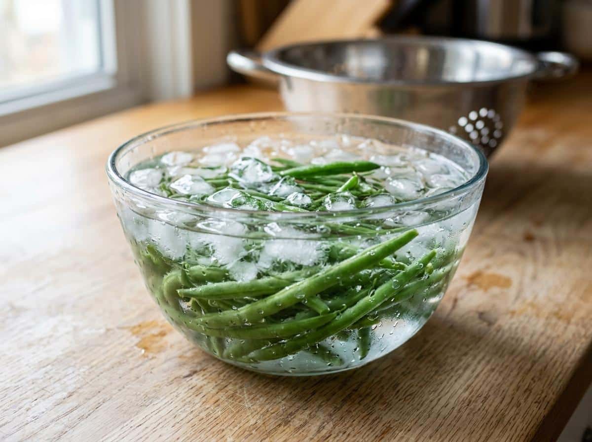 Haricots verts d'un vert vif dans un bain de glaçons