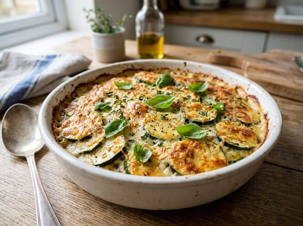 Gratin de courgettes doré dans un plat en céramique