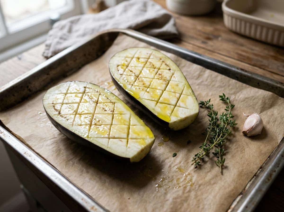 Aubergine coupée en deux avec chair incisée en croisillons